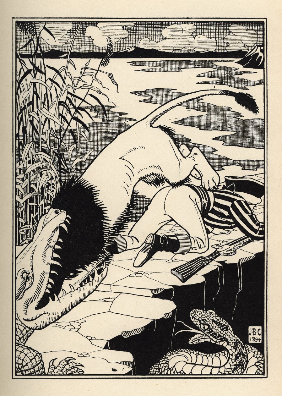 Ein Löwe, der den Baron von Münchhausen angreifen wollte, endete mit einem Krokodil. Illustration von William Strang (1859-1921) und JB Clark aus „Die Abenteuer des Baron von Münchhausen“ von Rudolf Erich Raspe (1736-1794) (1789) von Unbekannt