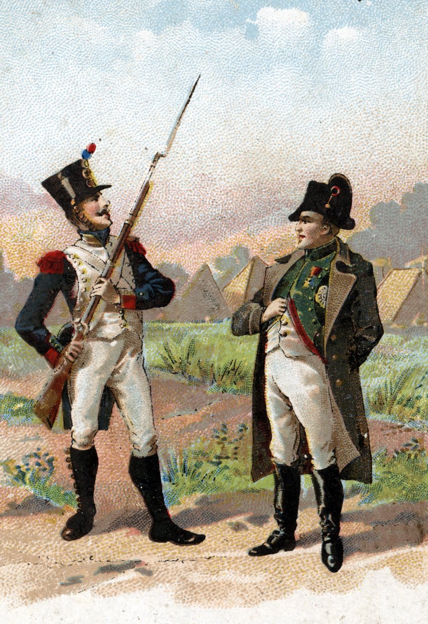 Ein junger Soldat stoppt Napoleon I. auf seinem Weg 1805. 19. Jahrhundert (Chromolithographie) von Unbekannter Künstler