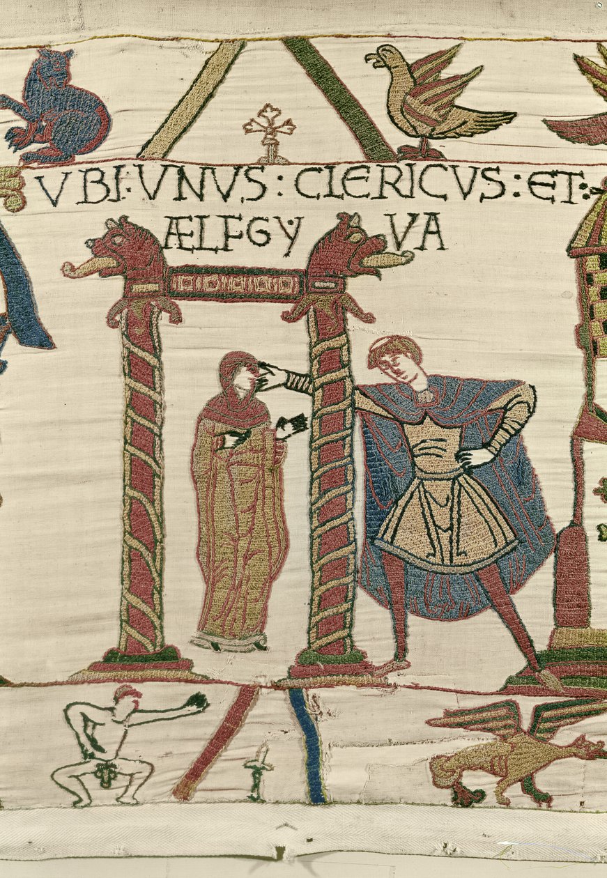 Aelfgyva mit einem Priester, Teppich von Bayeux (Wollstickerei auf Leinen) von Unbekannt