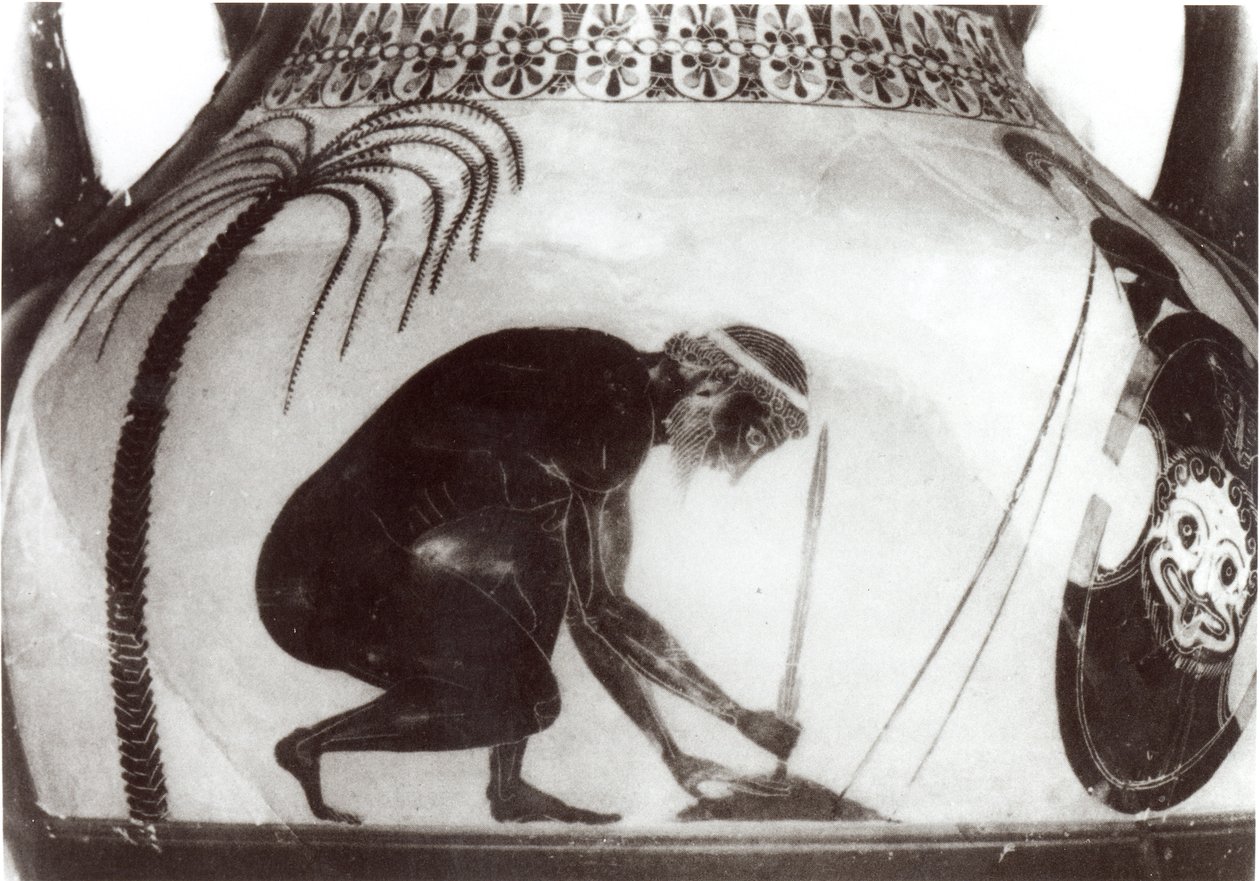 Ajax bereitet sich auf seinen Tod vor, Illustration nach einer griechischen Kratervase aus dem 6. Jahrhundert v. Chr. (Gravur) von Unbekannt