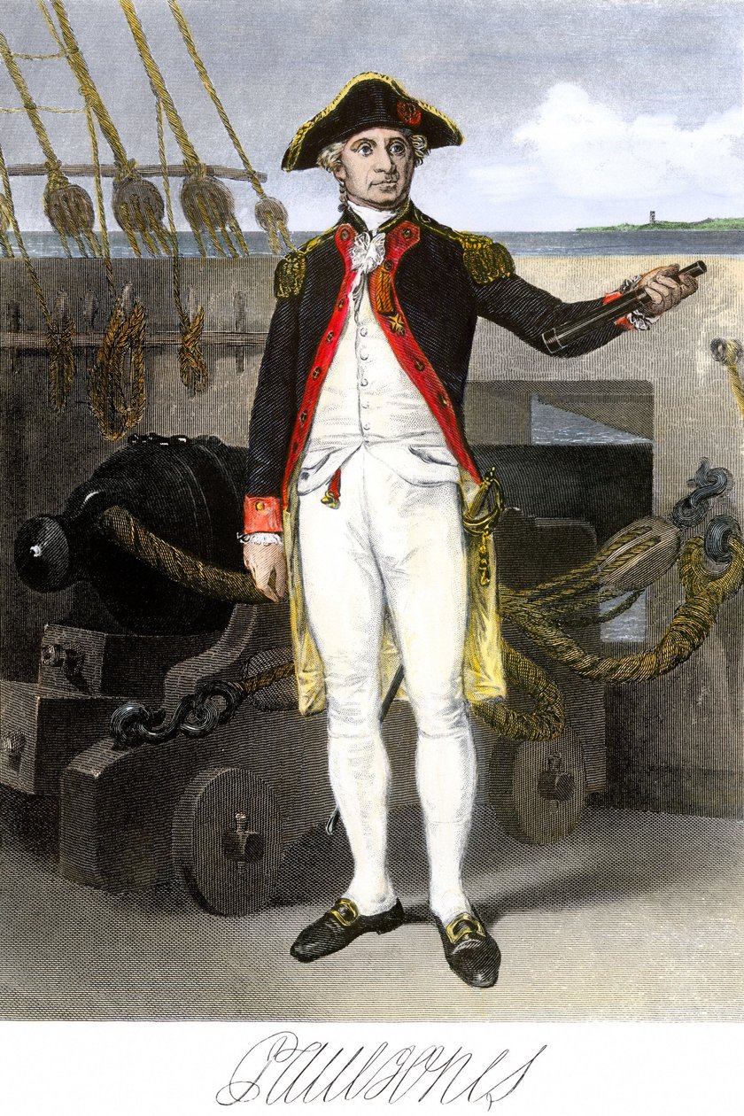 Amerikanische Marine: John Paul Jones (1747-1791), Seemann und Held des Unabhängigkeitskrieges der Vereinigten Staaten von Amerika. Farbige Gravur mit Unterschrift. von Unbekannter Künstler