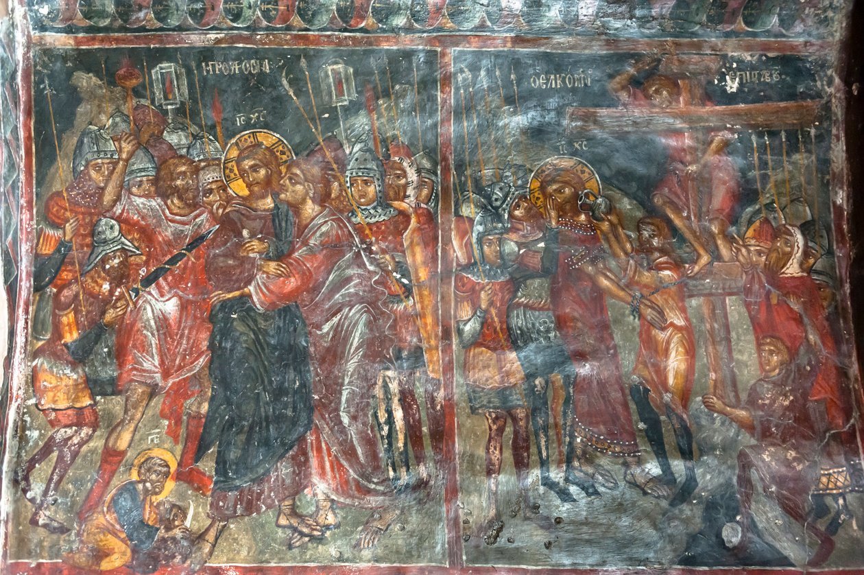 Antike Fresken; Wandmalereien; Kuss des Judas; Kreuzigung Jesu; Panagia und Sotiras Kirche; Griechisch-Orthodoxe Kirche; Roustika; Kreta; Griechenland; Europa von Unbekannt