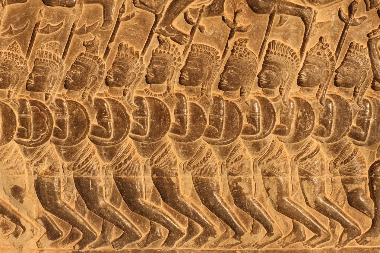 Angkor Wat. Detail der Reliefskulptur aus der Schlacht von Kurukshetra Siem Reap Kambodscha von Unbekannt