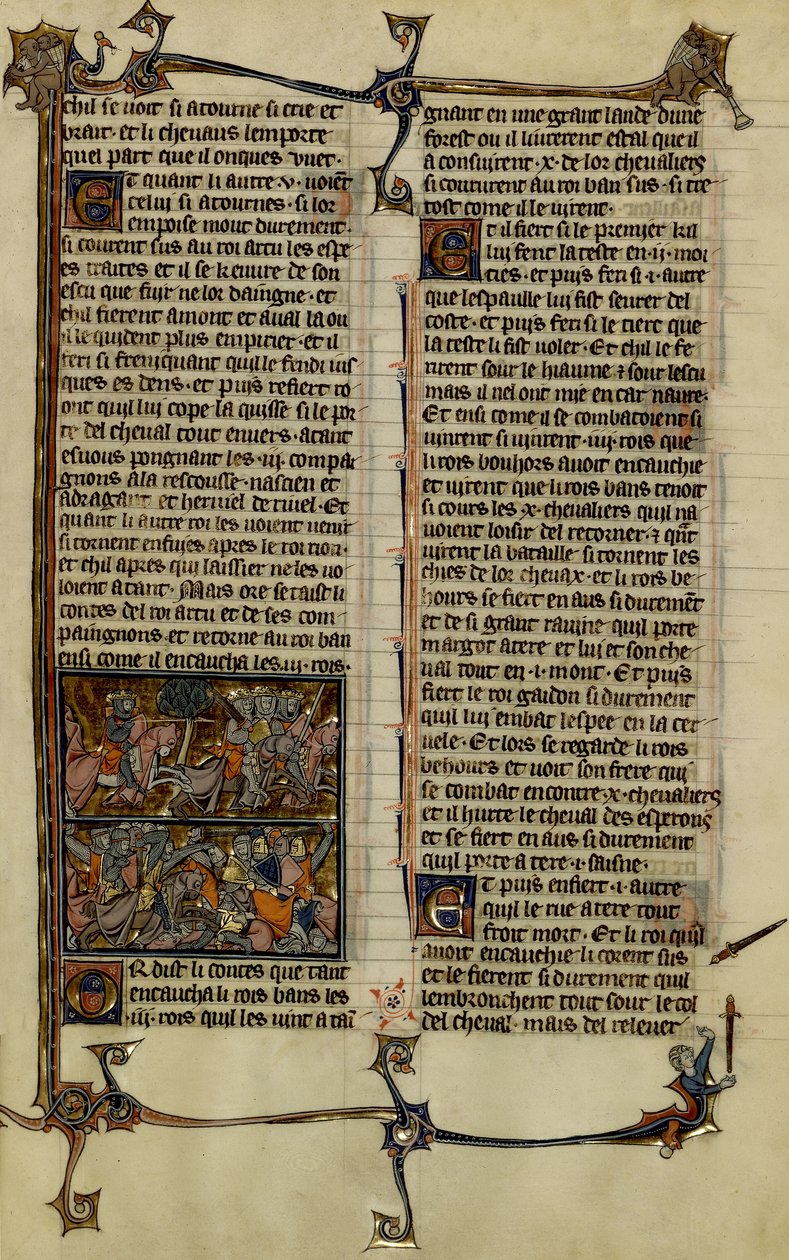 Artuslegende (Suche nach dem Heiligen Gral): Benoic jagt Sachsen und die Schlacht von Danablaise, zwei Illuminationen aus dem Manuskript Geschichte von Merlin, datiert auf das 13. Jahrhundert zwischen 1280-1290 von Unbekannter Künstler