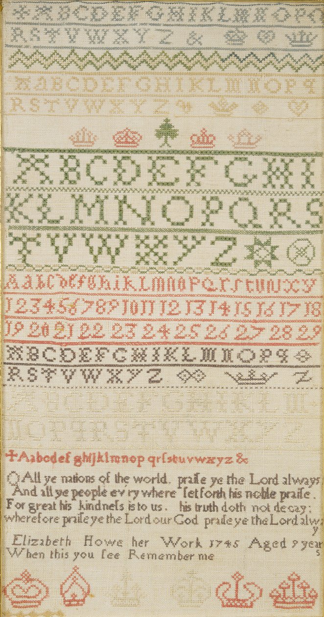 Bandsampler mit Alphabet, Zahlen und einem Vers, gearbeitet von Elizabeth Howe von Unbekannt