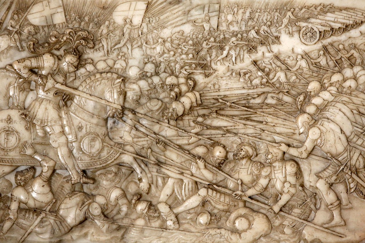 Basilika von St. Denis, Grab von Franz I. König von Frankreich und Claude von Frankreich, Fundamentrelief, Darstellung der Schlacht von Marignano 1515 - der siegreiche Eingriff von Franz I., Saint-Denis, Frankreich von Unbekannt