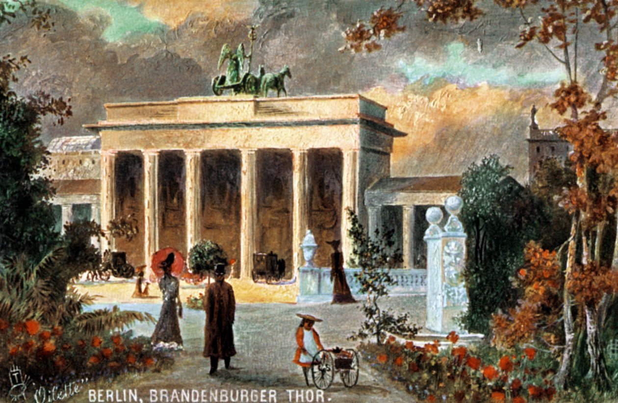 Berlin - Brandenburger Tor. Ansicht des Brandenburger Tors, mit Blumen und Passanten, Ende 19./20. Jahrhundert von Unbekannter Künstler