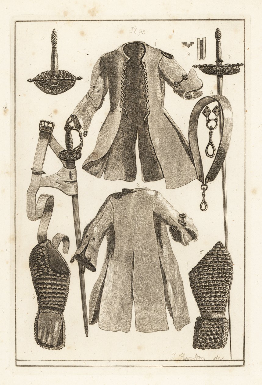 Buffmantel, Buffgürtel, vergoldeter Silberschwertgriff, Buffarmstück und Handschuh, Toledo-Schwert, Klinge und Scheide, und Griff von Unbekannt
