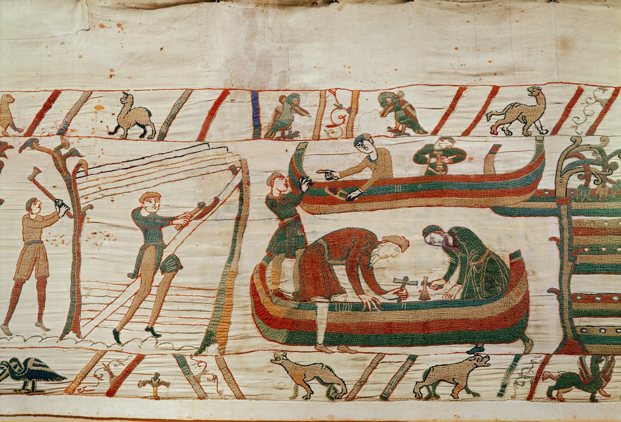 Schiffbau unter den Befehlen von Herzog Wilhelm, Bayeux-Tapisserie von Unbekannt
