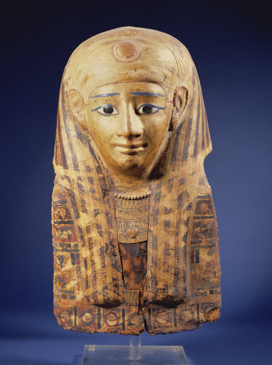 Kartonnage-Mumienkopfschmuck mit Lappenschmuck, die Augen mit Obsidian und Alabaster eingelegt, Ägyptisch, Spätzeit (644-332 v. Chr.) von Unbekannt