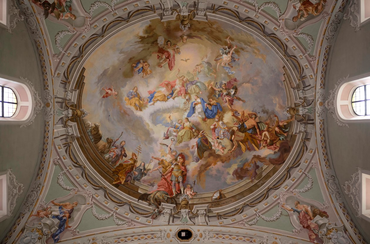 Deckenmalerei, Innenaufnahme, St. Georg Katholische Pfarrkirche, Neustift, Stubaital, Tirol, Österreich von Unbekannter Künstler