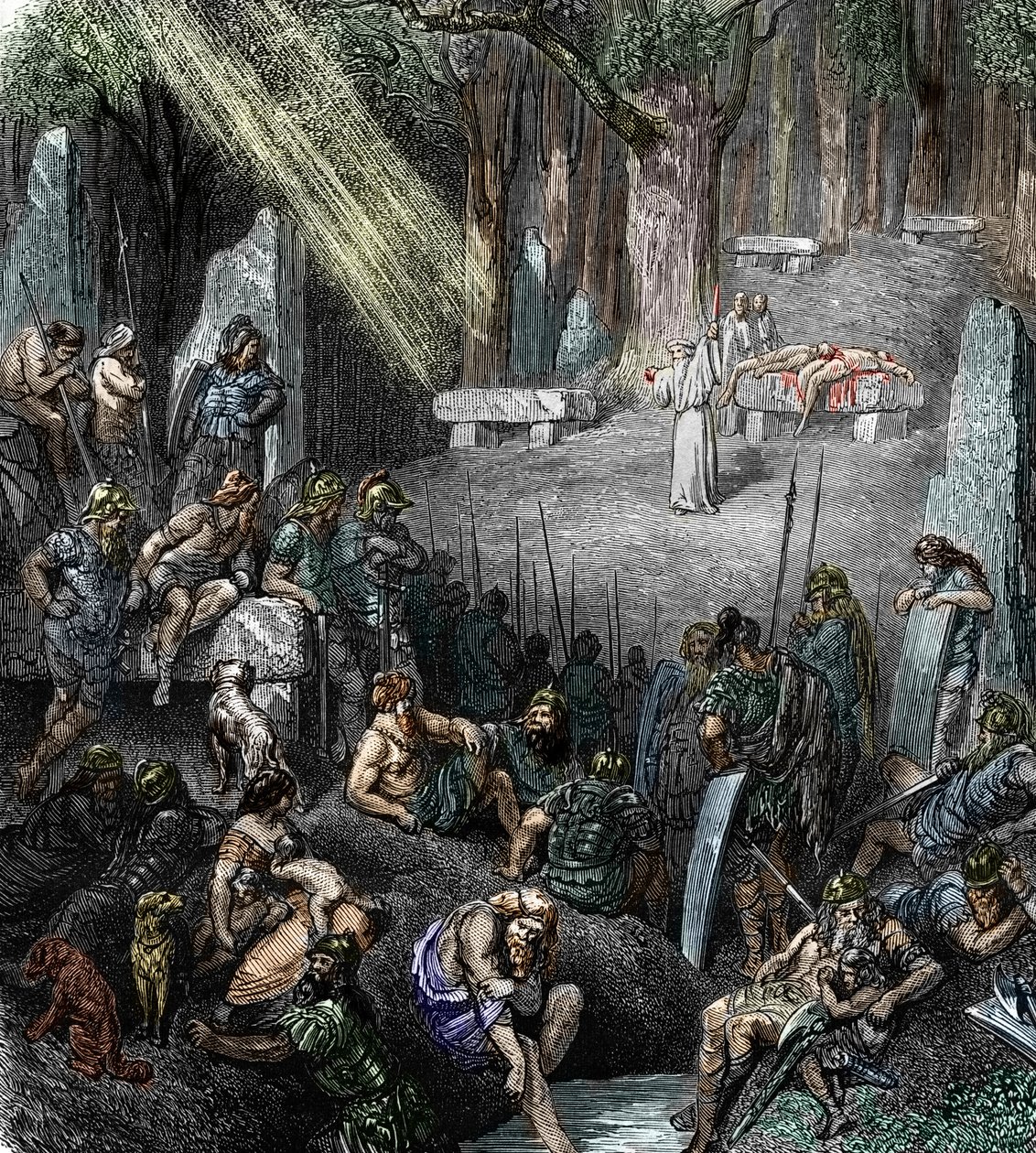 Keltische Antike: Menschenopfer während einer Zeremonie unter Vorsitz eines Druiden in Anwesenheit von Familien und Kriegern im Wald von Leopold Blonder