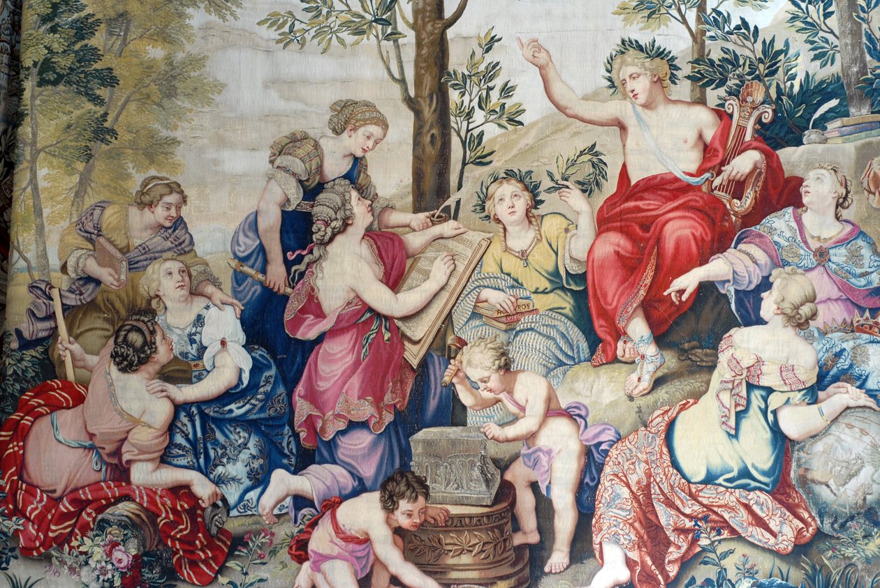 Schloss Fontainebleau: Detail, Draperie gewebt für Ludwig XIV. in der Gobelins-Manufaktur ab 1687 nach den großen Gemälden von Pierre Mignard im Schloss Saint Cloud für Monsieur Philippe Duc d