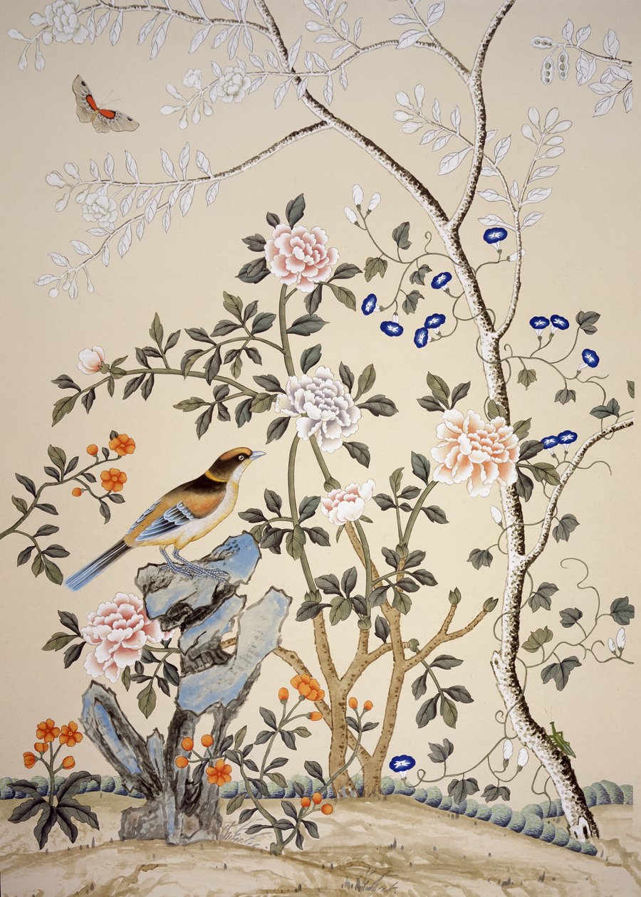 Chinoiserie-Tapete, Marble Hill House, Twickenham, Richmond, Middlesex, UK von Unbekannter Künstler