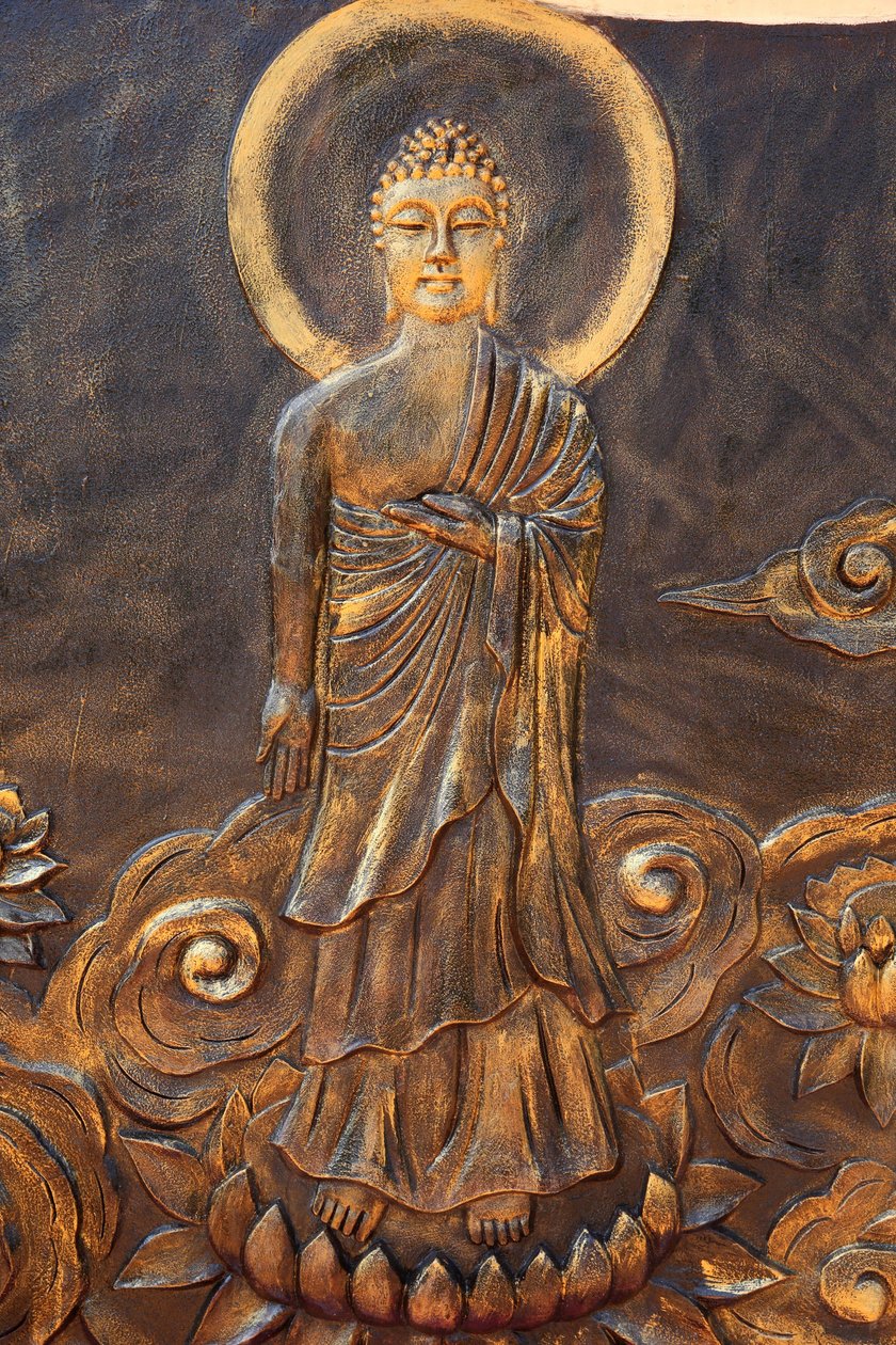 Chua Thien Lam Go buddhistischer Tempel. Shakyamuni Buddha. Varada Mudra: Geste der Wohltätigkeit. Thay Ninh, Vietnam von Unbekannt