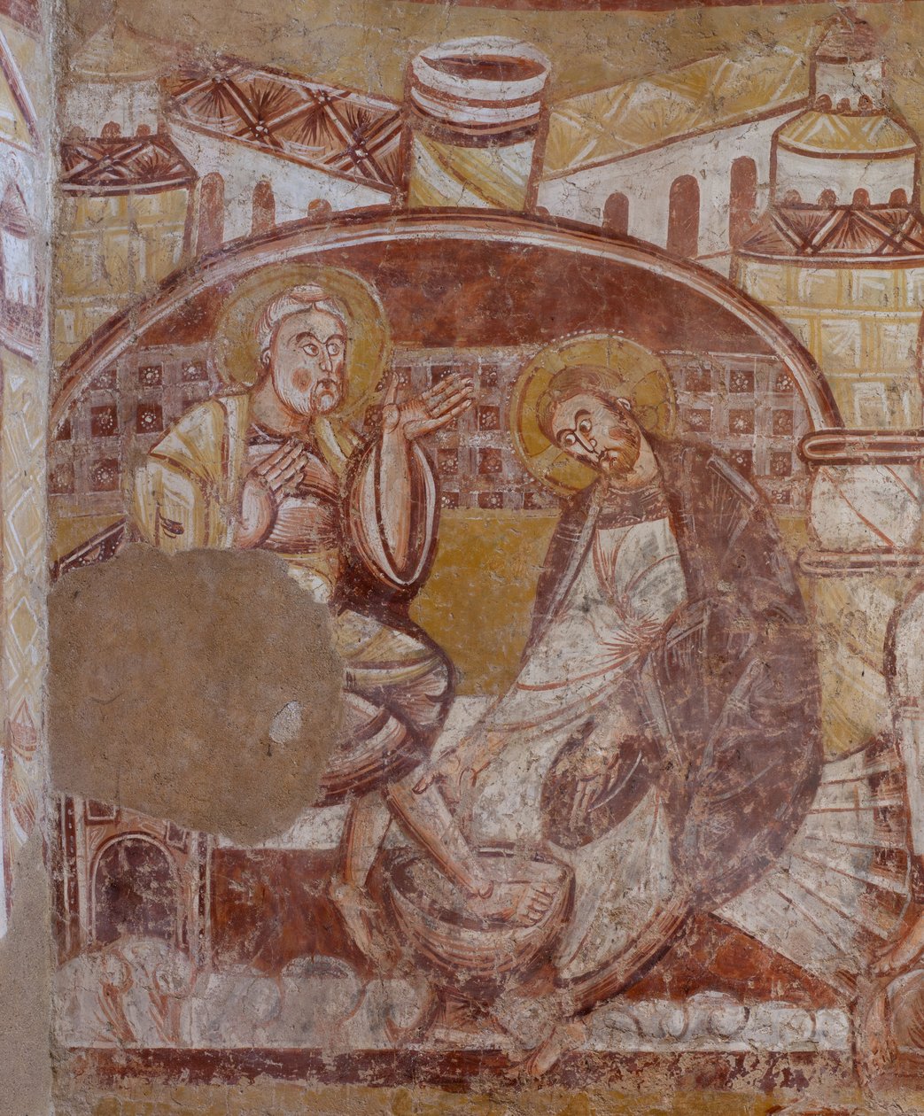 Kirche (Église Saint-Martin). Innenraum. Wandmalereien (Fresko). Nordwand des Chors. (Detail) Fußwaschung. 12. Jahrhundert. von Unbekannt