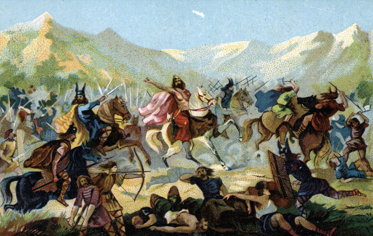 Chlodwig I. (466-511), König der Franken, während der Schlacht von Tolbiac im Jahr 496 gegen den germanischen Stamm der Alemannen, gelobte im Falle eines Sieges die Konversion. Ende des 19. Jahrhunderts (Chromolithographie) von Unbekannter Künstler
