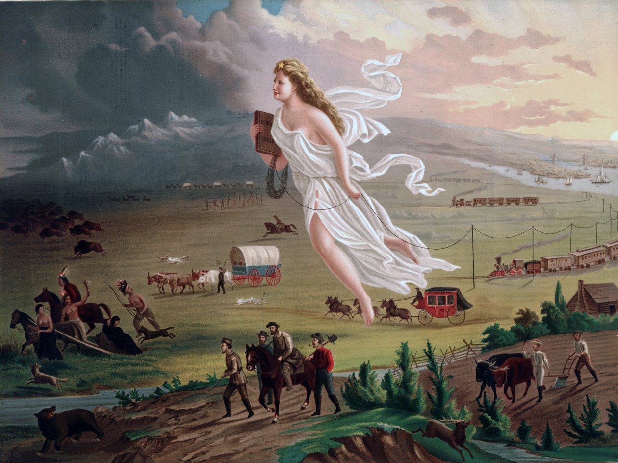 Konzept des Manifest Destiny: Allegorische weibliche Figur, die ein elektrisches Telegrafenkabel trägt, führt amerikanische Pioniere und Eisenbahnen westwärts, während sich Indianer und Büffel zurückziehen. Chromolithographie um 1873. von Unbekannter Künstler