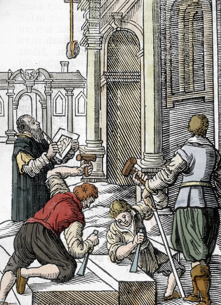Bau einer Kathedrale, Steinmetze im 13. und 14. Jahrhundert (Gravur) von Unbekannter Künstler
