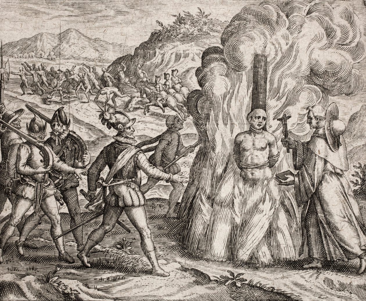 Beschreibung der Verbrechen an den Indianern durch die spanischen Kolonisten - Konquistadoren verbrennen einen Indianer, der sich weigerte, zum katholischen Glauben zu konvertieren. Religiöse des Franziskanerordens (Gravur) "Narratio regionum indicarum per von Unbekannt