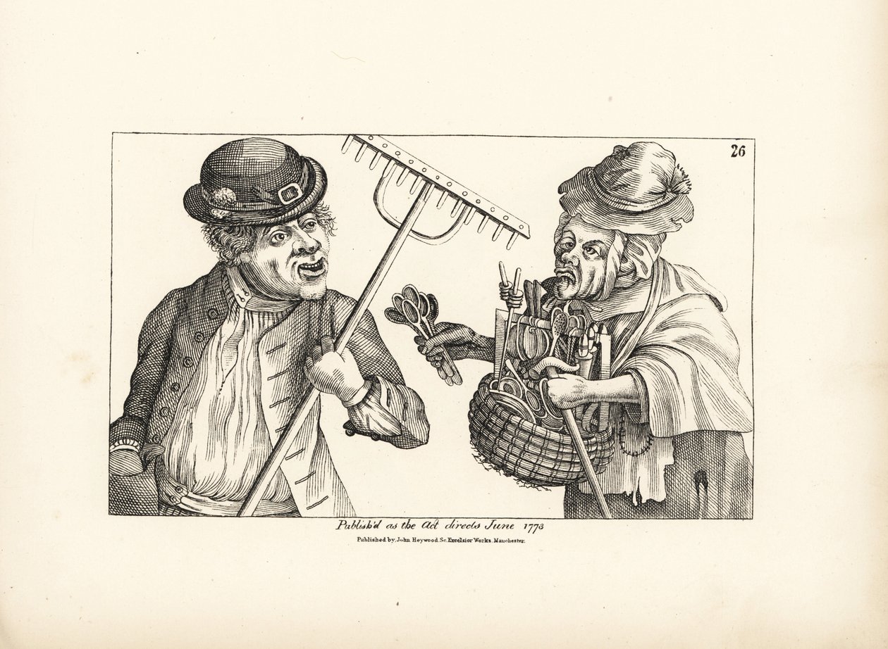 Betrunkener Bauer Jones kauft den gesamten Bestand an Holzwerkzeugen von der alten schielenden Nan. Kupferstich nach einer satirischen Illustration von Timothy Bobbin (John Collier) aus Human Passions Delineated, John Haywood, Manchester. von Unbekannter Künstler