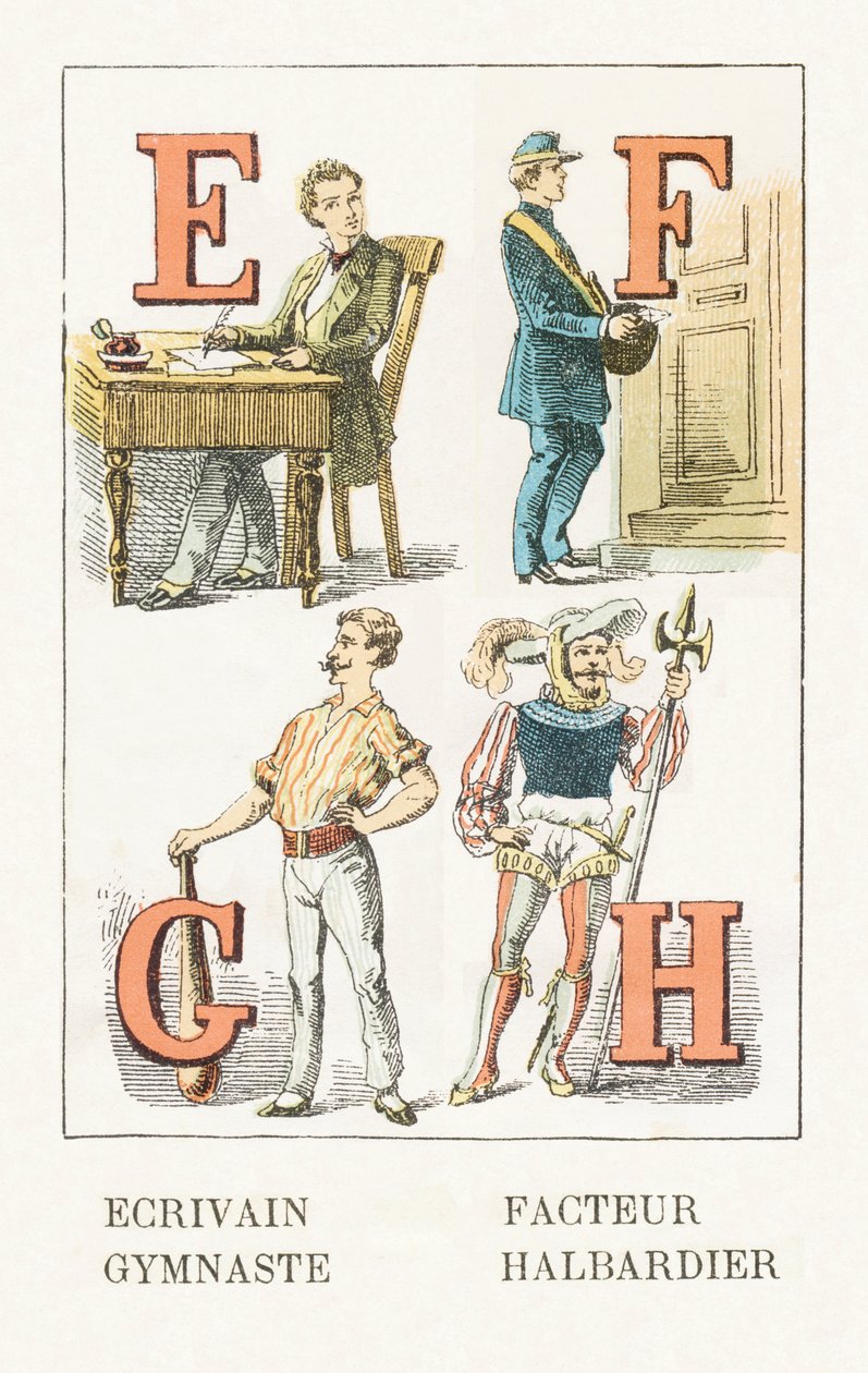 E - Schriftsteller; F - Briefträger; G - Turner; H - Hellebardier - Kinderalphabet, Editions Gordinne 1920 (Gravur) von Unbekannt