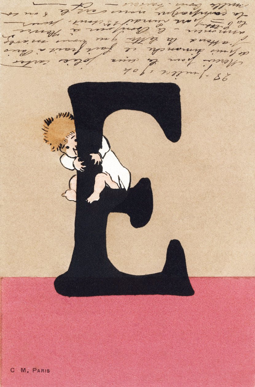 E wie enlacer, embrasser - Kinderalphabet. C. M. Verleger, Paris. Handbemalte Postkarten, abgestempelt 1904 von Unbekannt