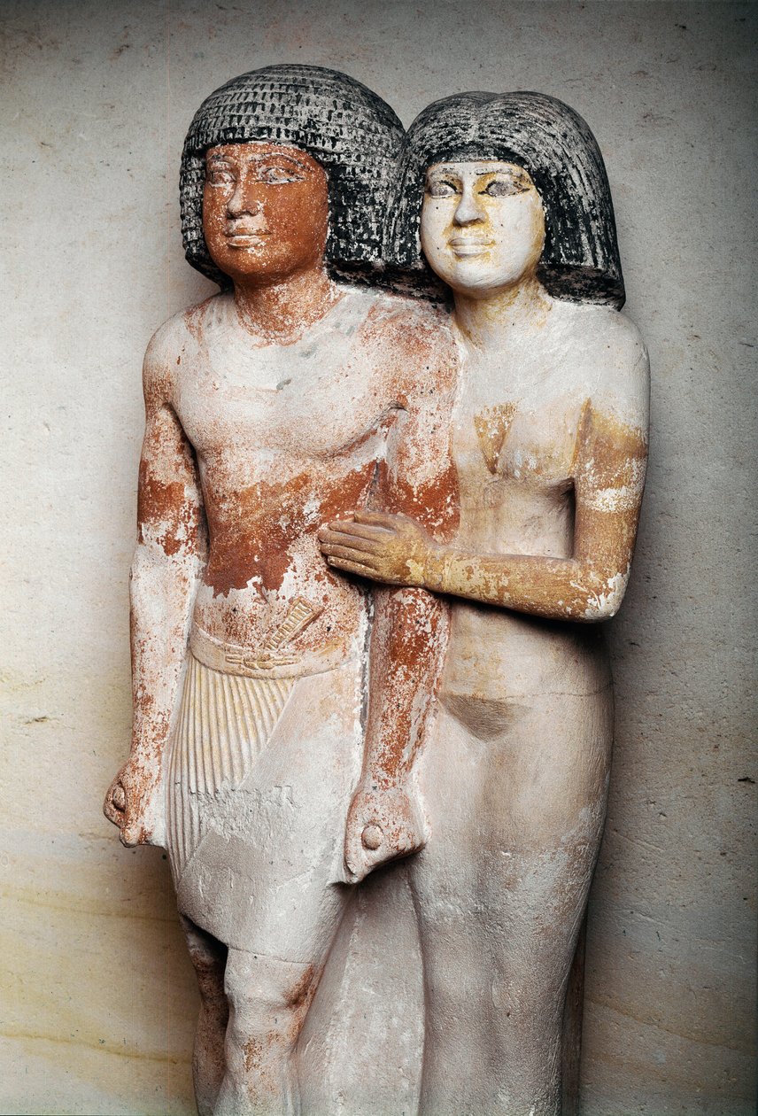 Ägyptische Antiquität: Skulpturierte Kalksteingruppe von Raherka und Meresankh, Chef der Schreiber und seine Frau - 5. Dynastie, Altes Reich von Unbekannt