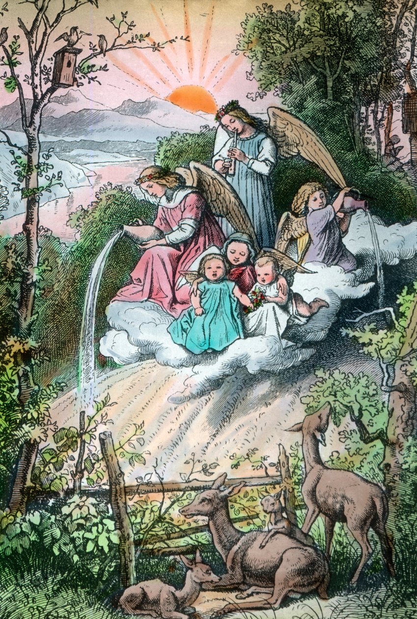 Gravur, die Engel zeigt, die den Morgentau gießen, Deutschland 1920er Jahre von Unbekannter Künstler