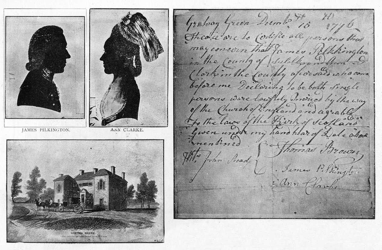 Faksimile einer Gretna Green Heiratsurkunde mit Porträts des Paares, James Pilkington und Ann Clarke, verheiratet am 16. Dezember von Unbekannt