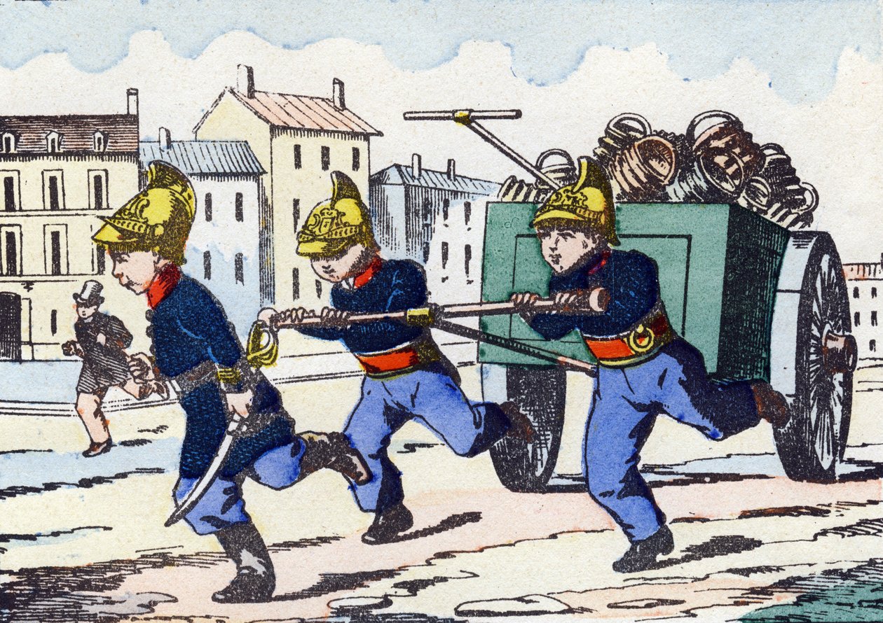 Feuerwehrleute. Gravur in "Alphabet militaire enfantin". Bildgebung von Pont-a-Mousson, um 1890. 20 Seiten. von Unbekannt