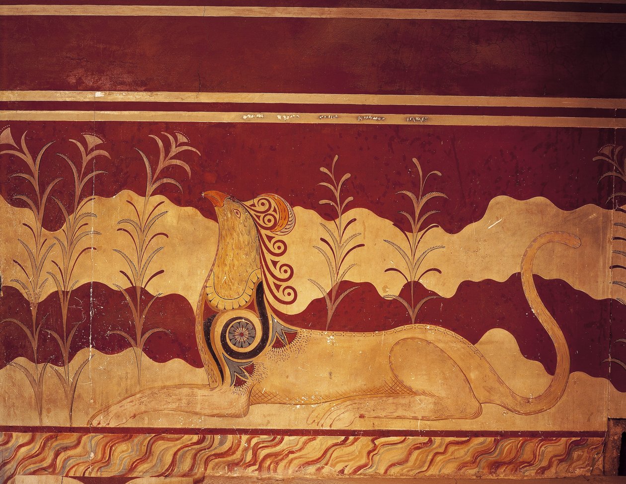 Fresko an einer Wand, Thronsaal, Palast von Minos, Knossos, Kreta, Griechenland von Benjamin Baud