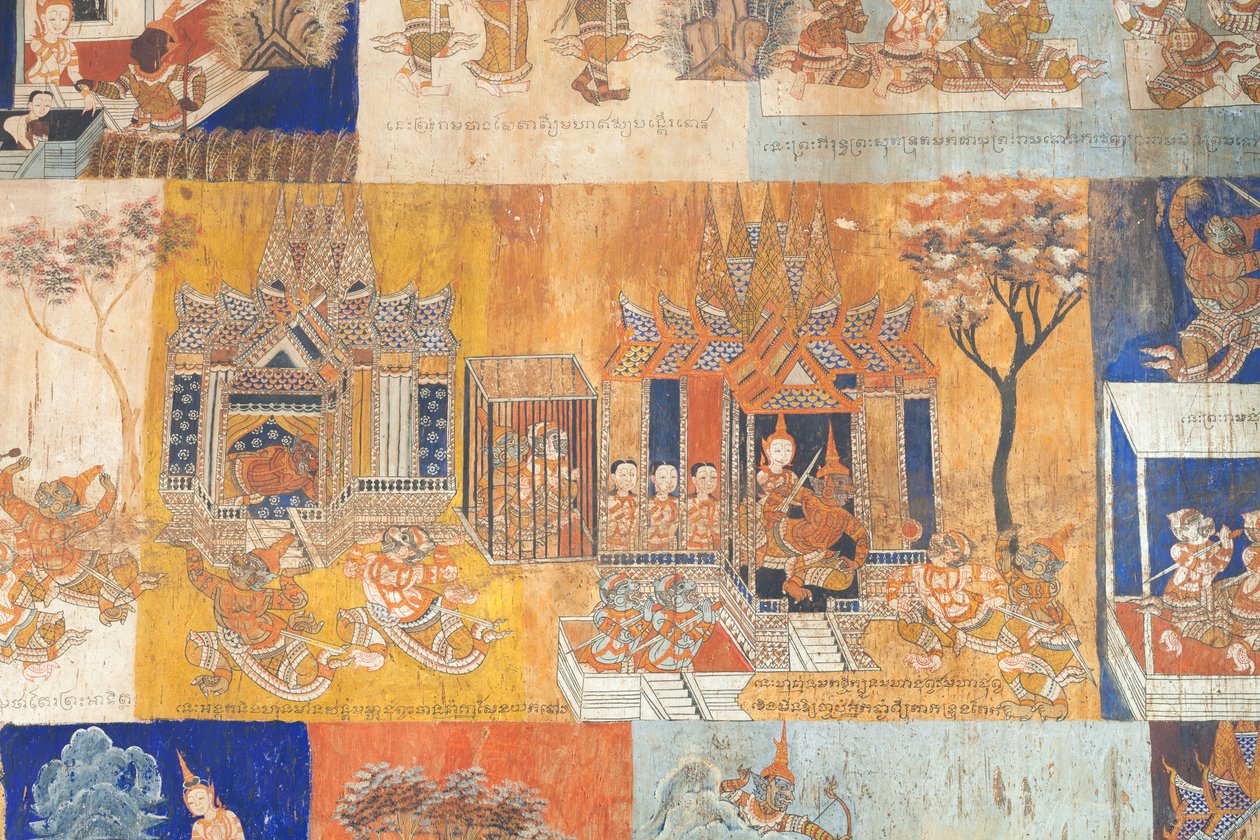 Fresken an den Wänden von Wat Bo, die Szenen aus dem Reamker darstellen, Siem Reap, Kambodscha (Foto) von Unbekannter Künstler