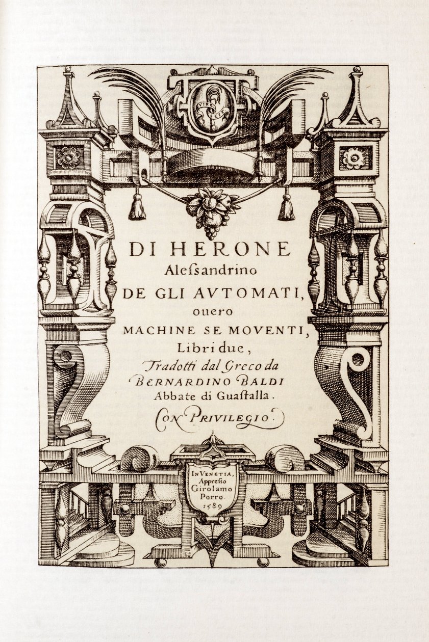 Frontispiz von „Die Automaten“ von Heron von Alexandria (1. Jahrhundert) 1589 von Unbekannt
