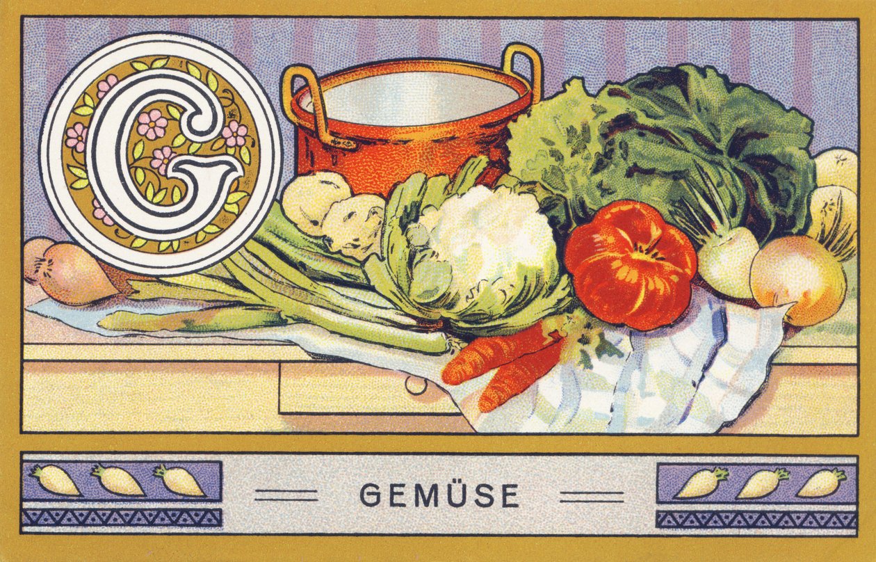 G: Gemüse - Alphabet Palmin. Serie von Chromolithographien herausgegeben von H. Schlinck & Cie, Hamburg. Werbung für Palmin feinstes Kokosfett. von William M. Timlin