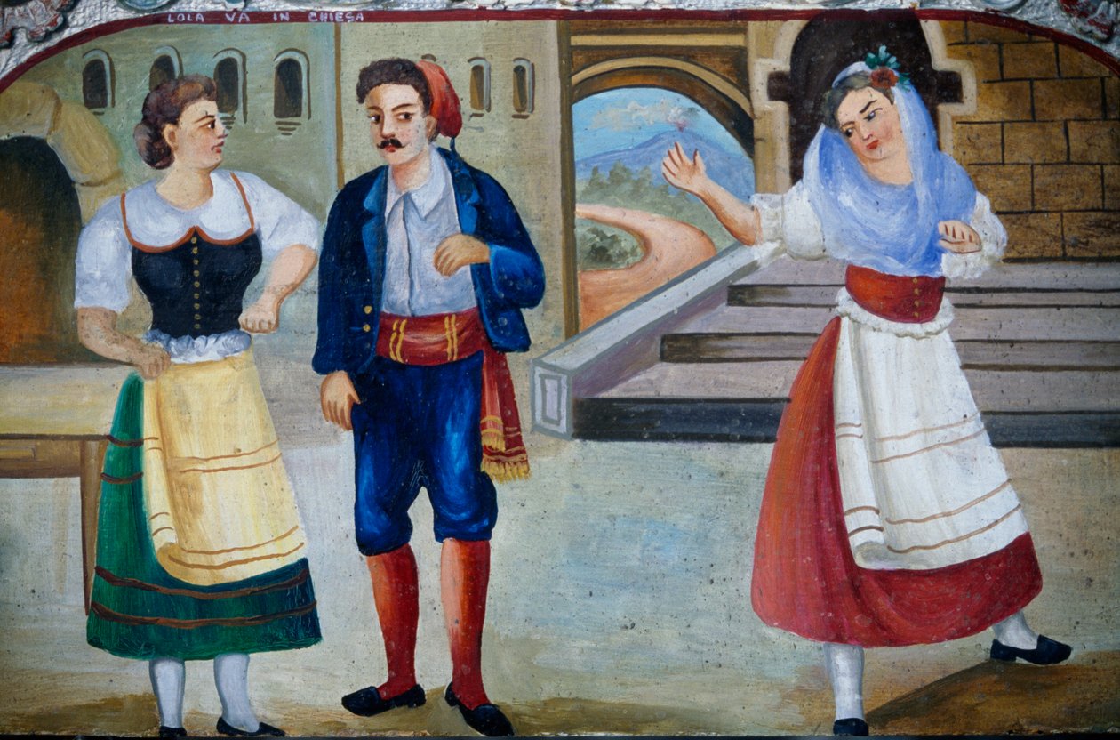 Galante Szene mit kostümierten Figuren, Holztafelmalerei, sizilianisches Kunsthandwerk, Sizilien, Italien, Detail von William M. Timlin