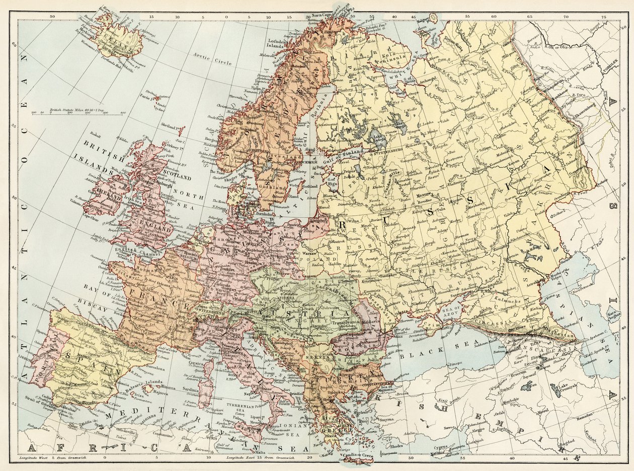 Geografische Karte Europas in den 1870er Jahren. Farbige Lithographie des 19. Jahrhunderts von Unbekannter Künstler