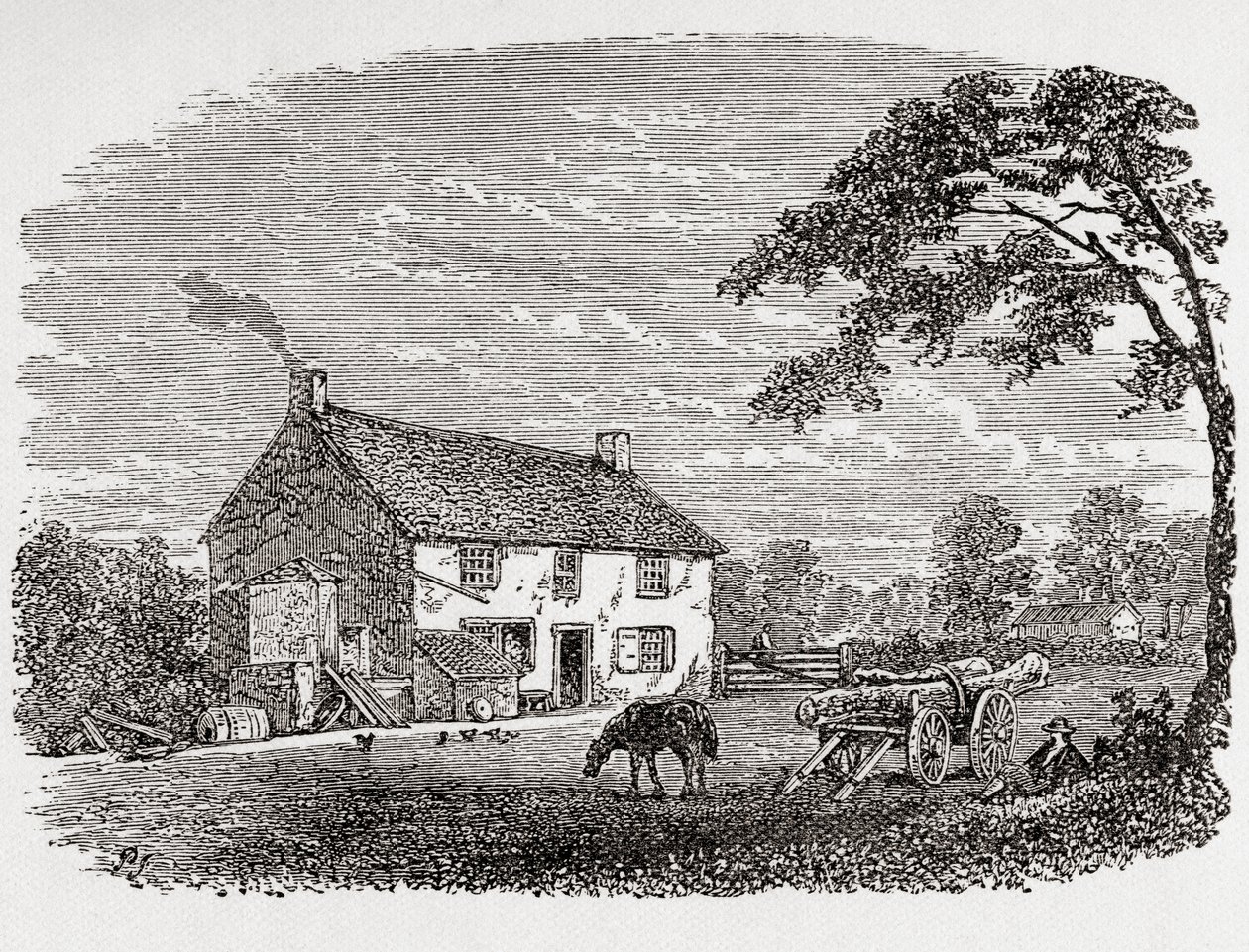 George Stephensons Geburtsort. Ein Steinhaus aus dem 18. Jahrhundert, Heimat von George Stephenson, Wylam, Northumberland, England, hier im 19. Jahrhundert zu sehen. Aus Great Engineers, veröffentlicht ca. 1890 von Unbekannter Künstler