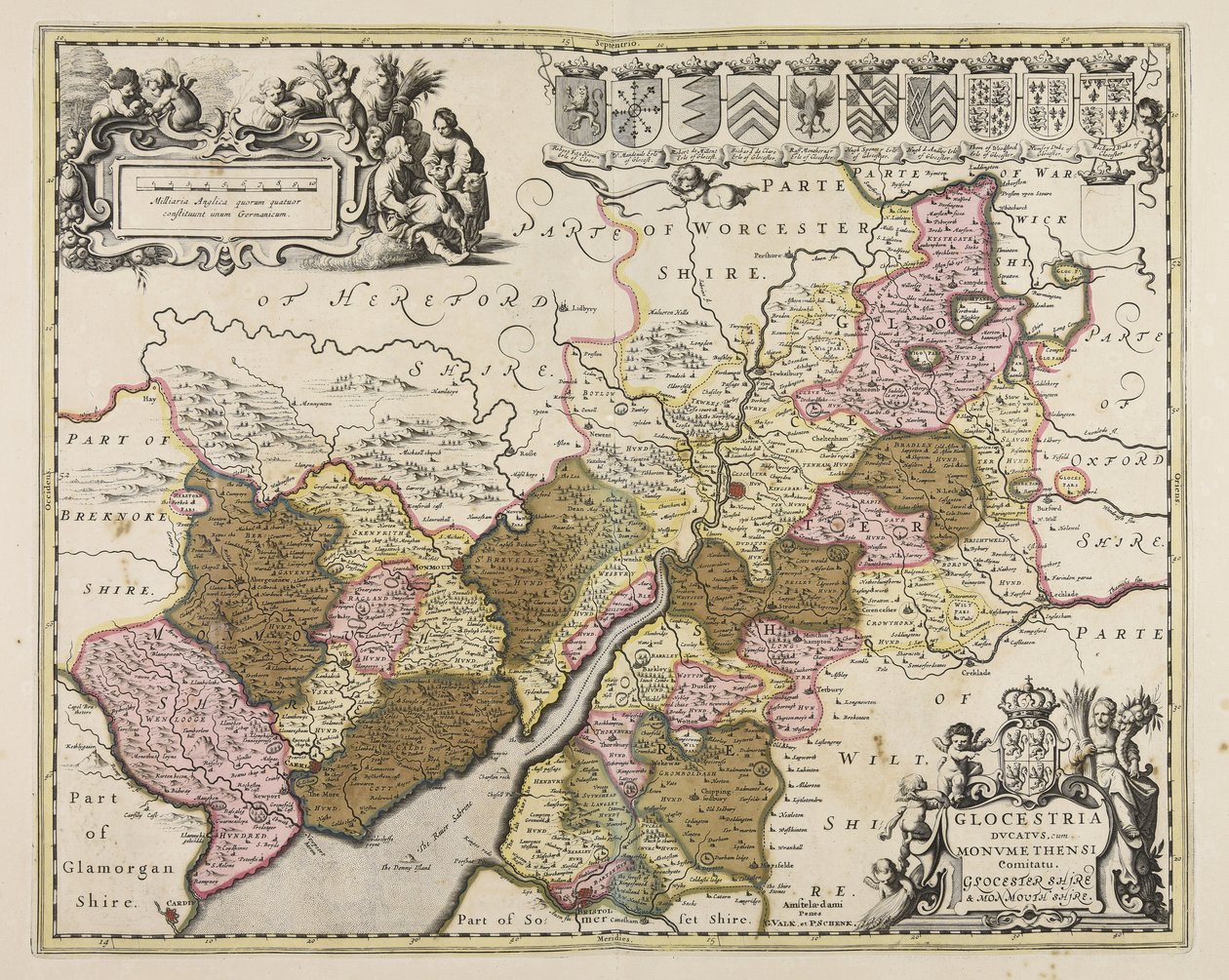 Glocestria ducatus cum Monumethensi comitatu = Glocester Shire & Monmouth Shire von Unbekannter Künstler