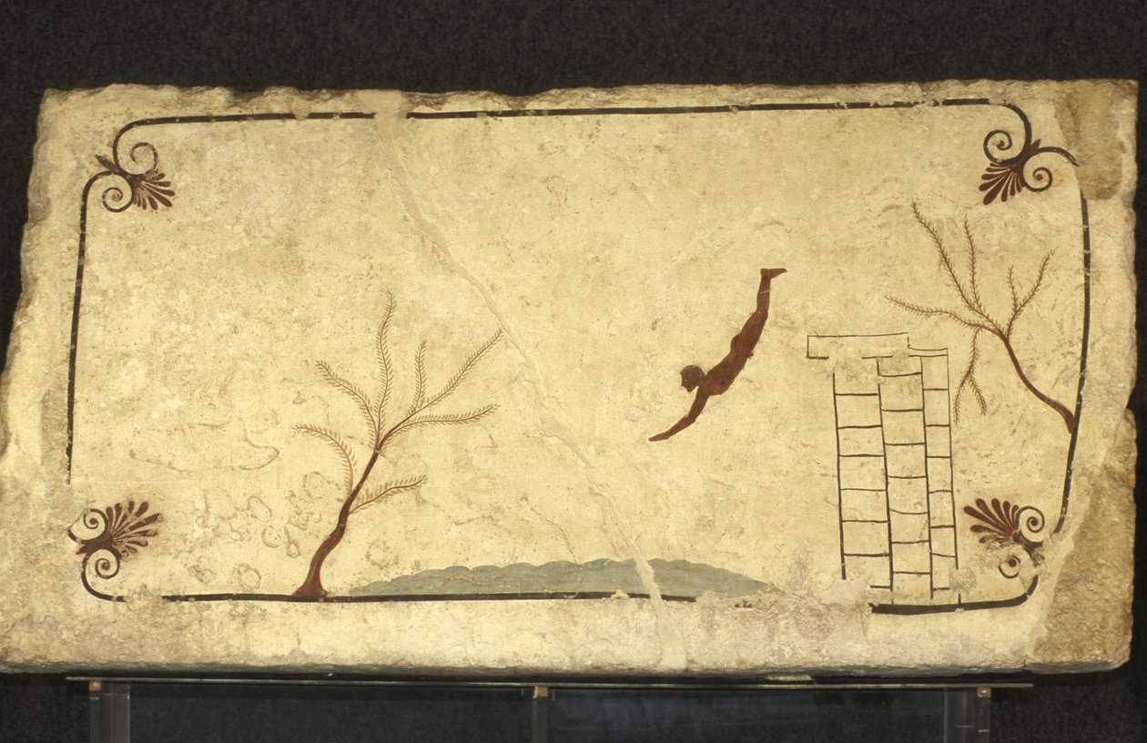 Griechische Kunst: Fresko des Grabes des Tauchers, Paestum, Region Kampanien, Italien. Tomba del Tuffatore, Wandmalerei, Archäologischer Park Paestum, Kampanien, Italien von Unbekannter Künstler