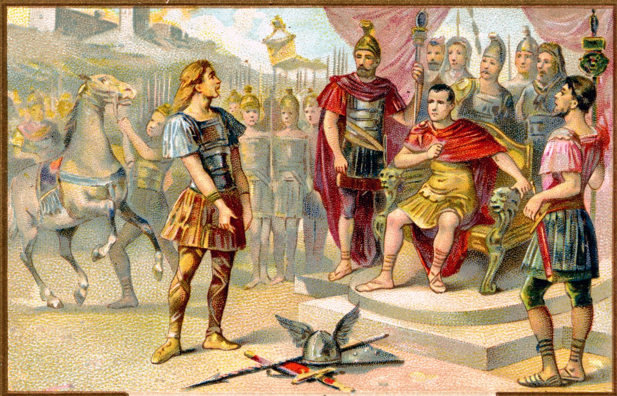 Geschichte. Altes Rom. Vercingetorix (Häuptling eines gallischen Stammes: die Averni) ergibt sich Julius Caesar in Alesia, 52 v. Chr. Bild, Frankreich, ca. 1900. von Unbekannter Künstler