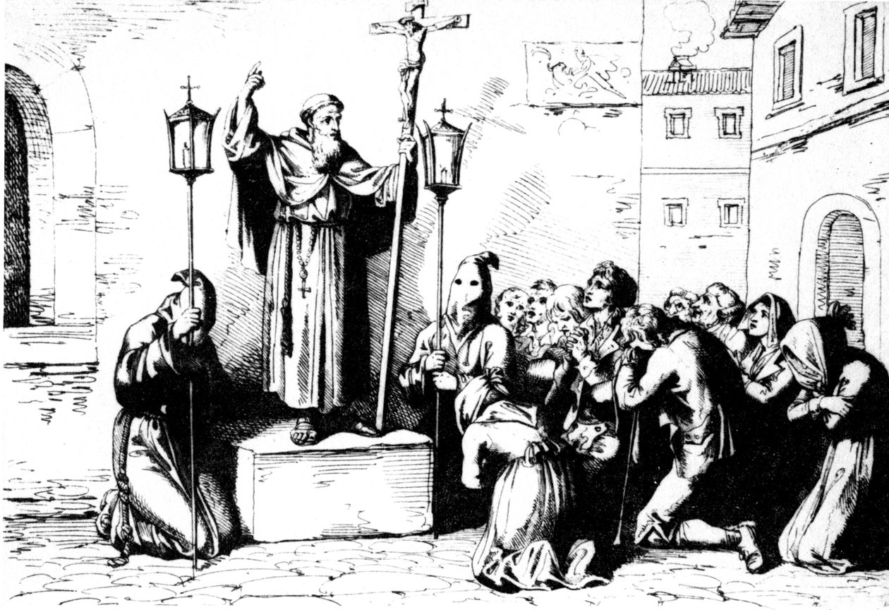 Geschichte des antiken Rom. Ein Mönch predigt den Menschen auf einem Platz in Rom. Bartolomeo Pinelli Gravur XIX Jahrhundert von Unbekannt