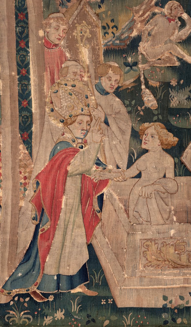 Geschichte von Saint Piat und Saint Eleuthère, auch Tapisserie von Arras genannt. Bestellt von Kanonikus Toussaint Prier, Kaplan des Herzogs von Burgund, Ende des 14. bis Anfang des 15. Jahrhunderts. 22m x 2m. Detail (Tapisserie) von Unbekannter Künstler