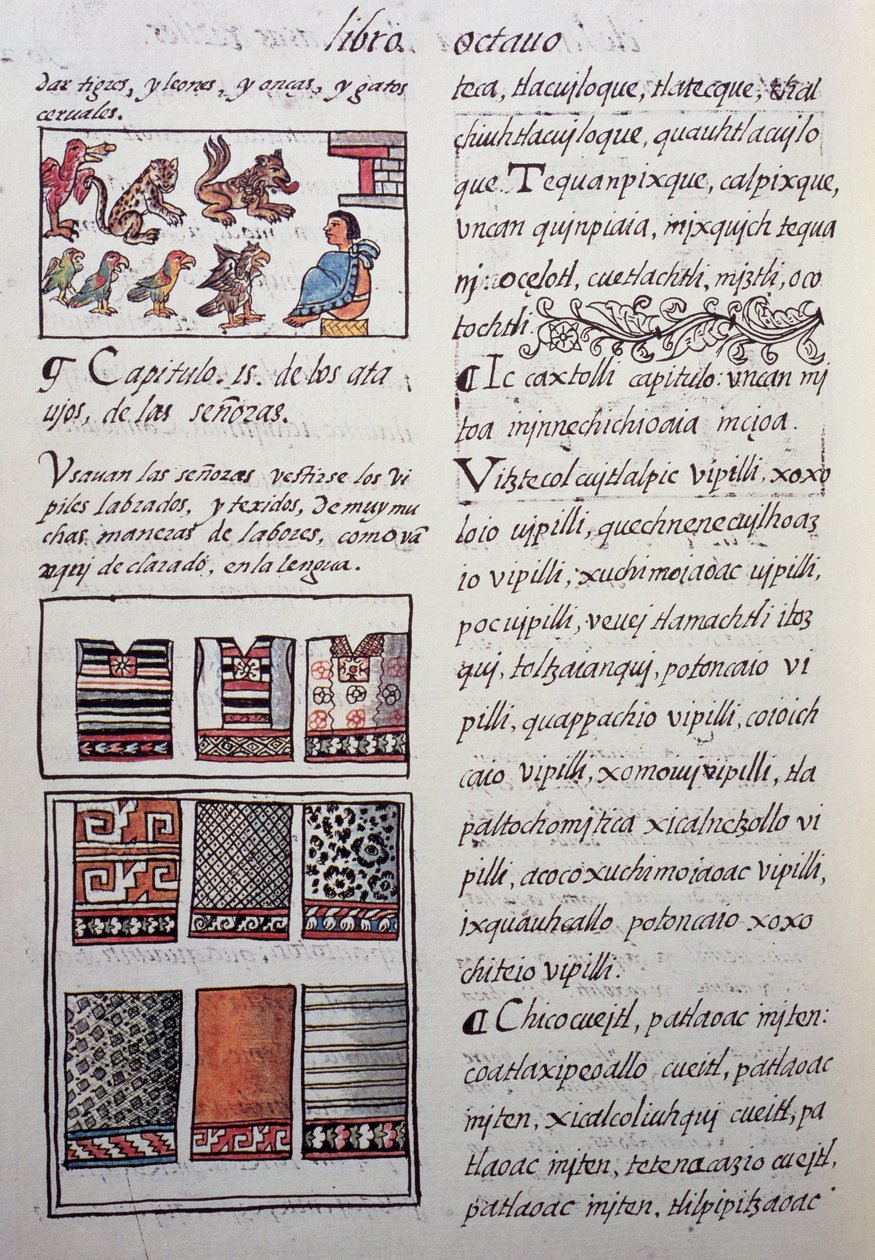 Huipil, weibliches Kleidungsstück, das von der Adelsklasse getragen wird, mit bestickten Blusen, Buch VIII des Florentiner Kodex, Allgemeine Geschichte der Dinge von Neuspanien, von dem spanischen Missionar Fray Bernardino de Sahagun. Aztekische Zivilisati von William M. Timlin