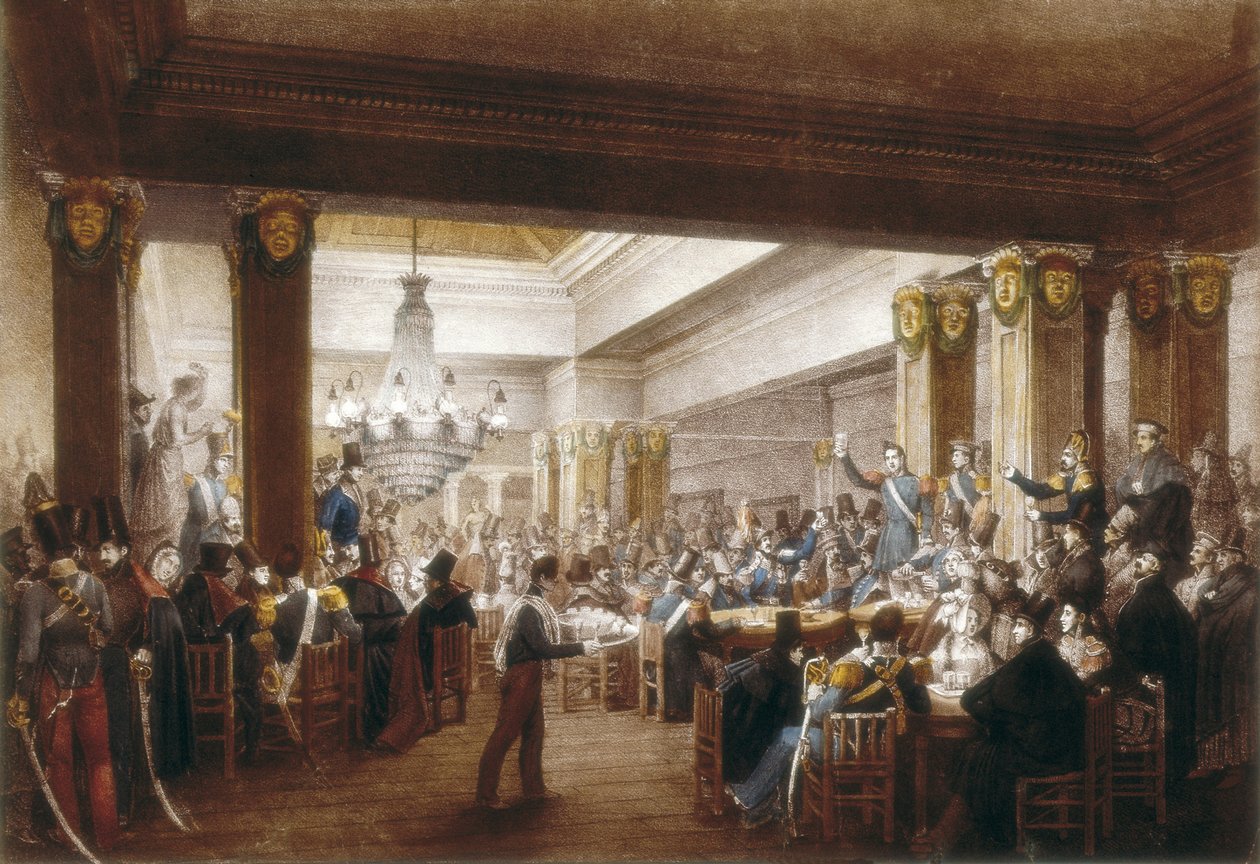 Innenansicht des „Cafe Nuevo“. Madrid, 19. Jahrhundert. Stich. SPANIEN. MADRID (AUTONOME GEMEINSCHAFT). Madrid. Museo de Historia von Unbekannter Künstler