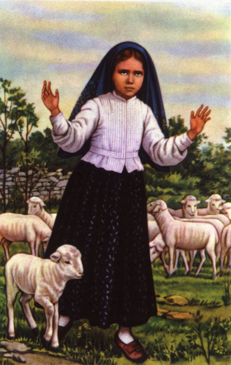 Jacinta, die die Jungfrau Maria in Fatima im Jahr 1917 sah, ca. 1920-1930 (Postkarte) von Unbekannter Künstler