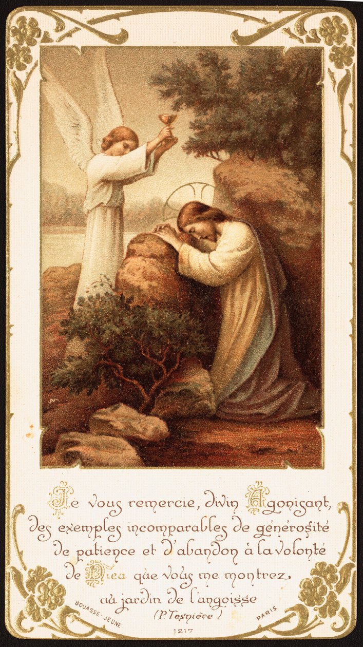 Jesus kniet im Gebet im Garten Gethsemane, ein Engel reicht ihm einen Kelch. Frühes 20. Jahrhundert (Postkarte) von Unbekannter Künstler