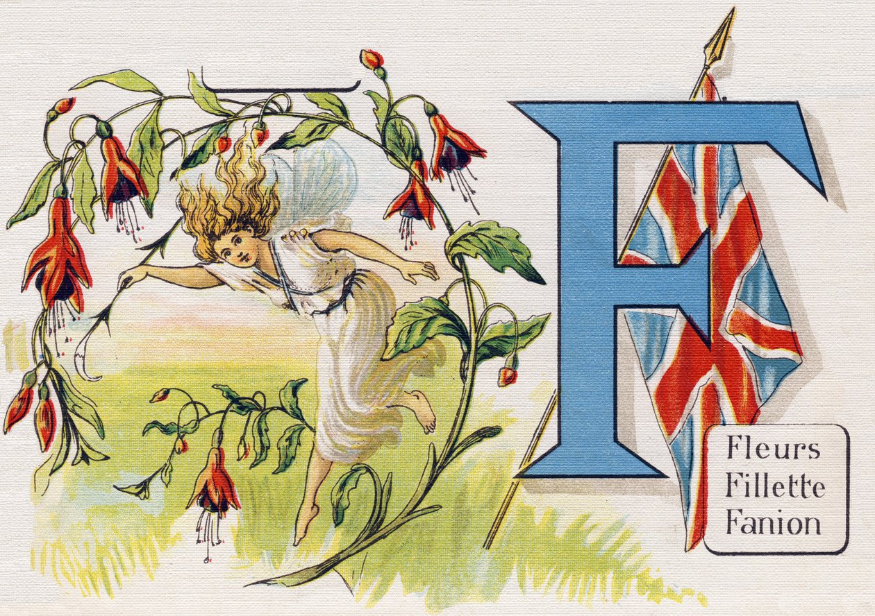 Buchstabe F: Blumen, Mädchen, Wimpel (Illustration aus „ABC L