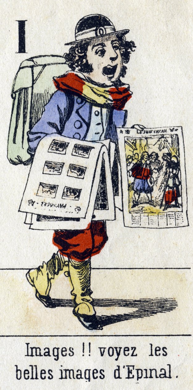 Buchstabe I: "Bilder!! Sehen Sie die schönen Bilder von Epinal". Alphabet "Kindervergnügen". Epinal-Bildgebung, um 1890. Beliebte Serie. Kleines Heft mit 8 Seiten. von Unbekannt
