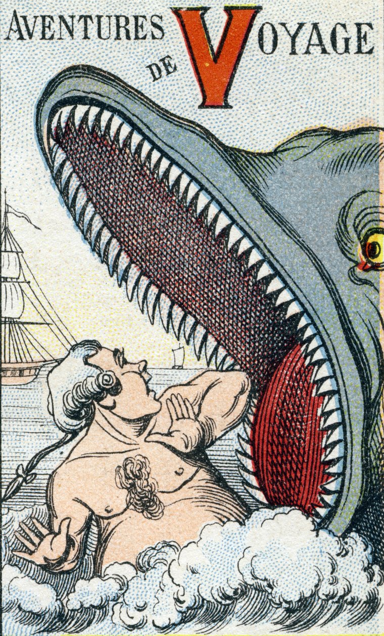 Buchstabe V: Reiseabenteuer. Gravur in "ABC Les Images en Alphabet". Epinal-Bildgebung. Pellerin und Cie, Drucker-Verleger, Epinal, Ende des 19. Jahrhunderts, circa 1890. von Unbekannt